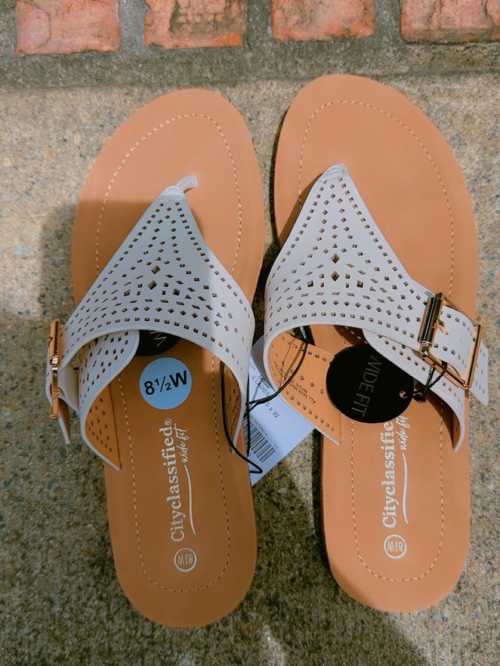 Cityclassified White Laser-Cut Wide Fit Buckle Thong Sandals